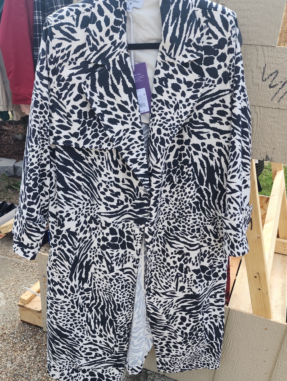 Black & White Printed Trench Coat - Animal Pattern